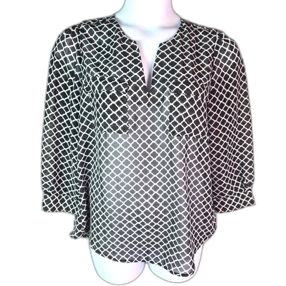 Gap Sheer Geometric Print Blouse Navy White Large Split Neck Utility Pockets